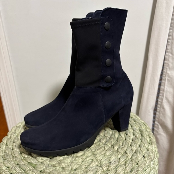 Arche Navy Blue Nubuck Black Snap Block Heel Mid Calf Boots - Picture 2 of 12